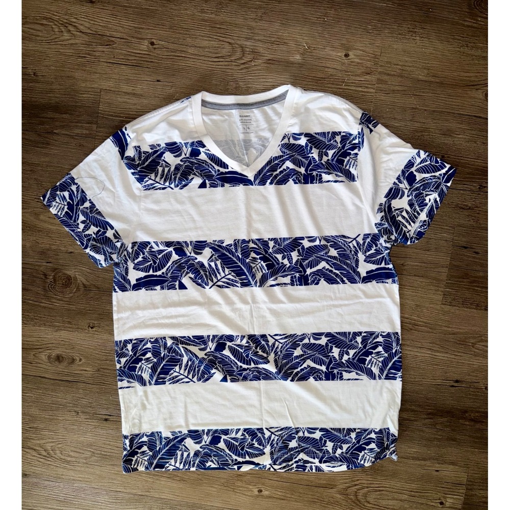 Old Navy Mens V-Neck T-Shirt Large White Blue Tropical Leaf Stripe Soft Washed